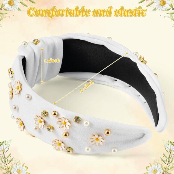 Daisy Jeweled Knotted Headband - Rhinestone Crystal Beads Embellished Headband W - Picture 2 of 6